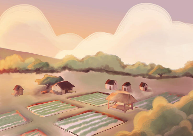 Jaka Tarub's home and Nawang Wulan's place of exile, the Village. (At dawn.)